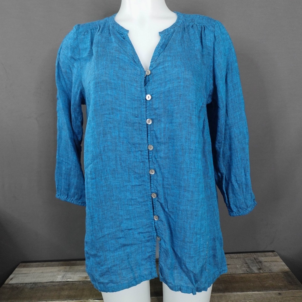 Pure J Jill Women Top XS Blue Linen Lightweight Artsy Sheer Boho Casual Everyday